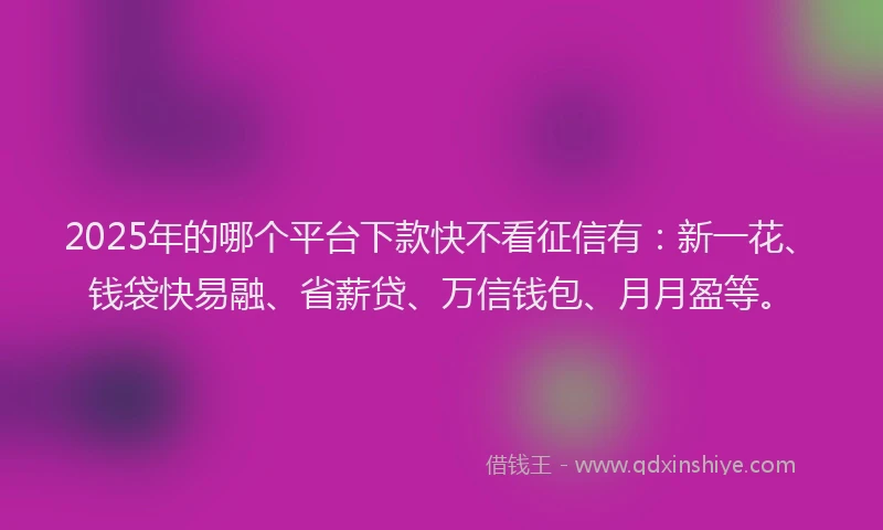 2025年的哪个平台下款快不看征信有：新一花、钱袋快易融、省薪贷、万信钱包、月月盈等。