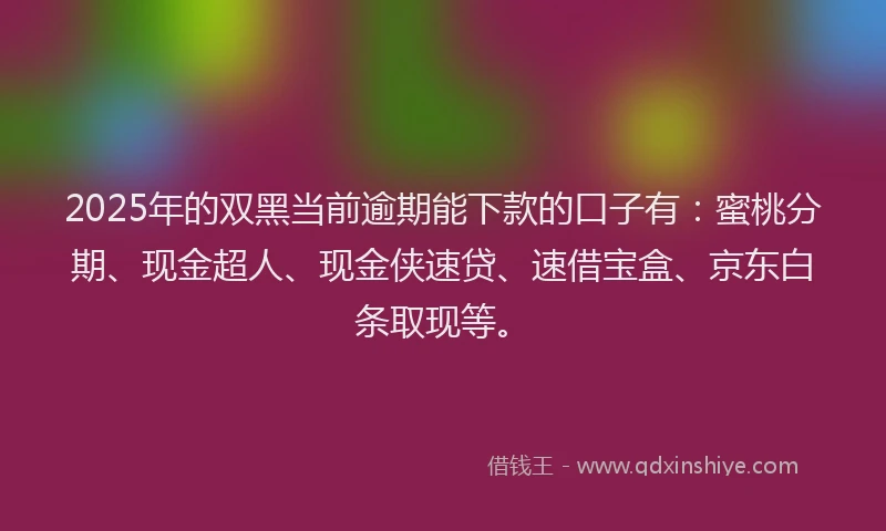 2025年的双黑当前逾期能下款的口子有：蜜桃分期、现金超人、现金侠速贷、速借宝盒、京东白条取现等。