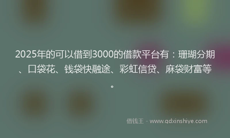 2025年的可以借到3000的借款平台有：珊瑚分期、口袋花、钱袋快融途、彩虹信贷、麻袋财富等。