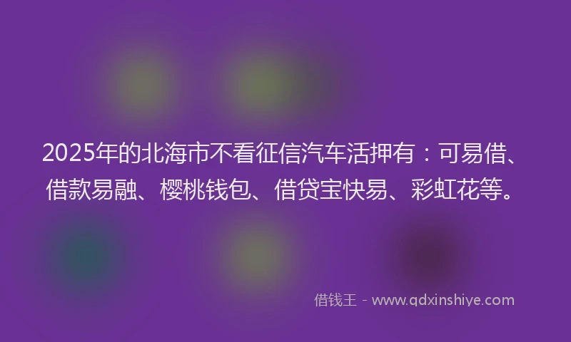 2025年的北海市不看征信汽车活押有：可易借、借款易融、樱桃钱包、借贷宝快易、彩虹花等。
