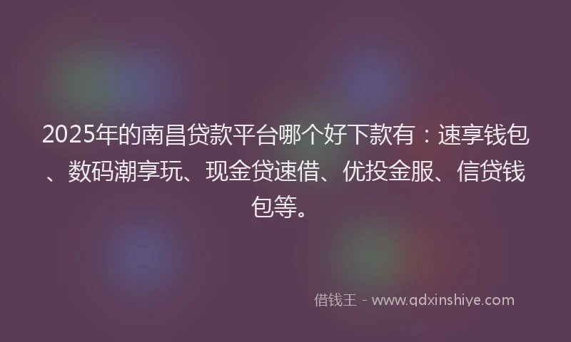 2025年的南昌贷款平台哪个好下款有：速享钱包、数码潮享玩、现金贷速借、优投金服、信贷钱包等。