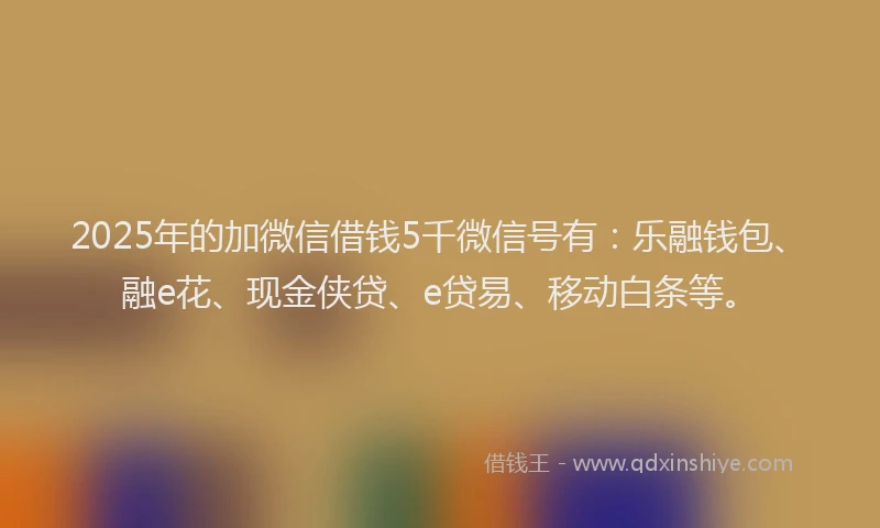 2025年的加微信借钱5千微信号有：乐融钱包、融e花、现金侠贷、e贷易、移动白条等。