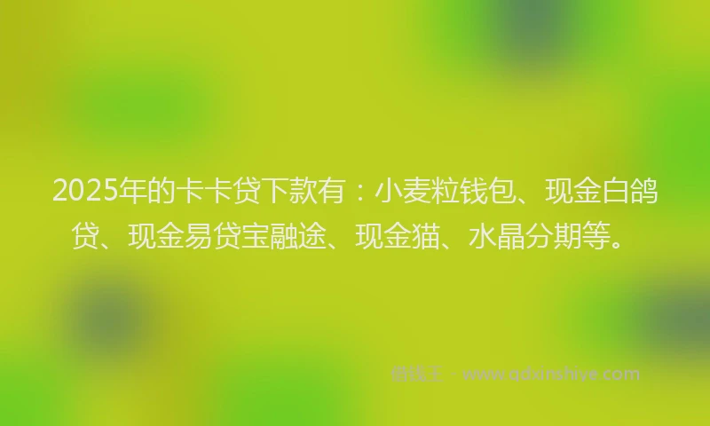 2025年的卡卡贷下款有：小麦粒钱包、现金白鸽贷、现金易贷宝融途、现金猫、水晶分期等。