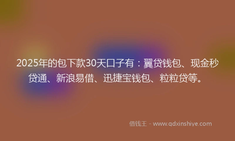 2025年的包下款30天口子有：翼贷钱包、现金秒贷通、新浪易借、迅捷宝钱包、粒粒贷等。