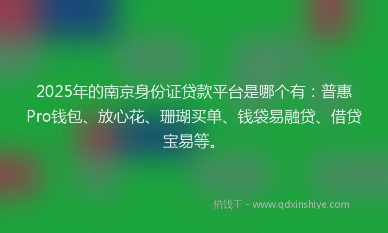 2025年的南京身份证贷款平台是哪个有：普惠Pro钱包、放心花、珊瑚买单、钱袋易融贷、借贷宝易等。