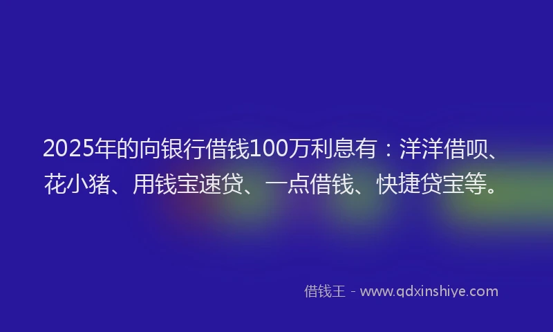 2025年的向银行借钱100万利息有：洋洋借呗、花小猪、用钱宝速贷、一点借钱、快捷贷宝等。