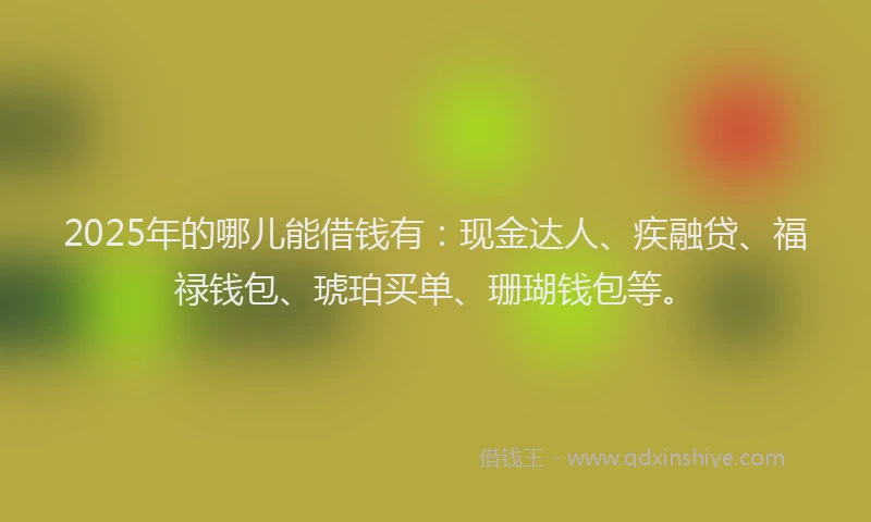 2025年的哪儿能借钱有：现金达人、疾融贷、福禄钱包、琥珀买单、珊瑚钱包等。