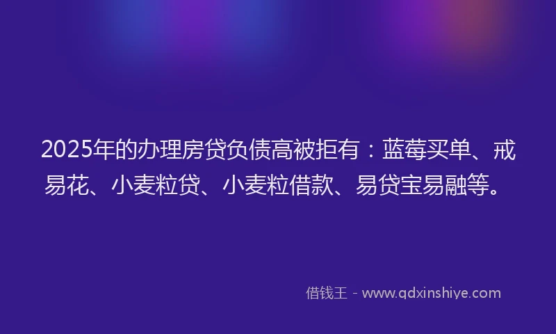 2025年的办理房贷负债高被拒有：蓝莓买单、戒易花、小麦粒贷、小麦粒借款、易贷宝易融等。