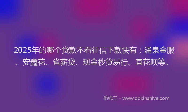 2025年的哪个贷款不看征信下款快有：涌泉金服、安鑫花、省薪贷、现金秒贷易行、宜花呗等。