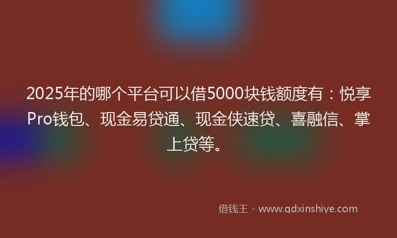 2025年的哪个平台可以借5000块钱额度有：悦享Pro钱包、现金易贷通、现金侠速贷、喜融信、掌上贷等。