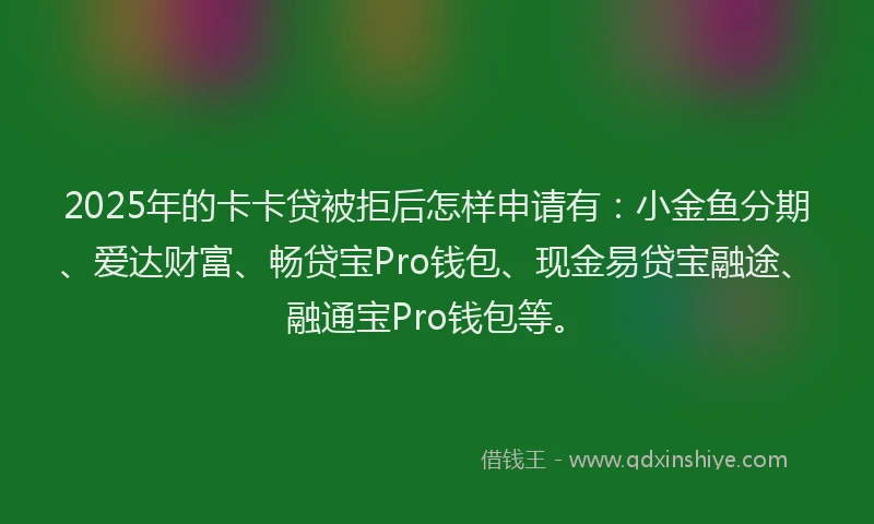 2025年的卡卡贷被拒后怎样申请有：小金鱼分期、爱达财富、畅贷宝Pro钱包、现金易贷宝融途、融通宝Pro钱包等。