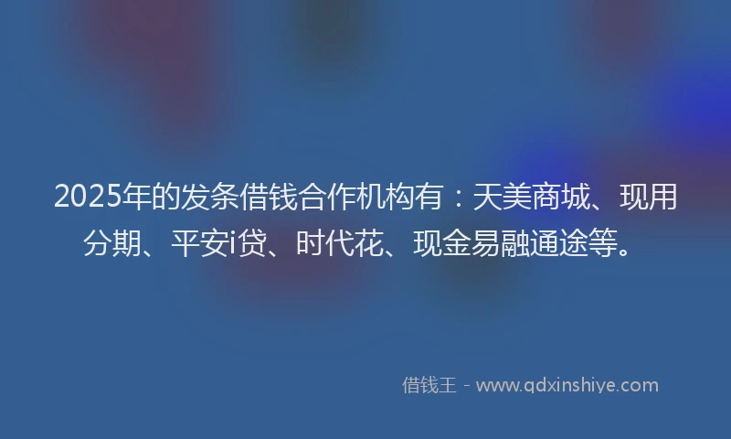 2025年的发条借钱合作机构有：天美商城、现用分期、平安i贷、时代花、现金易融通途等。