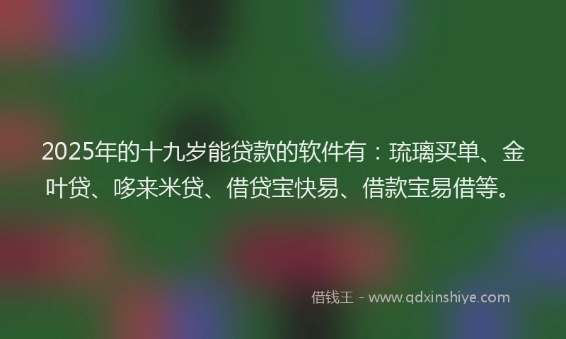 2025年的十九岁能贷款的软件有：琉璃买单、金叶贷、哆来米贷、借贷宝快易、借款宝易借等。