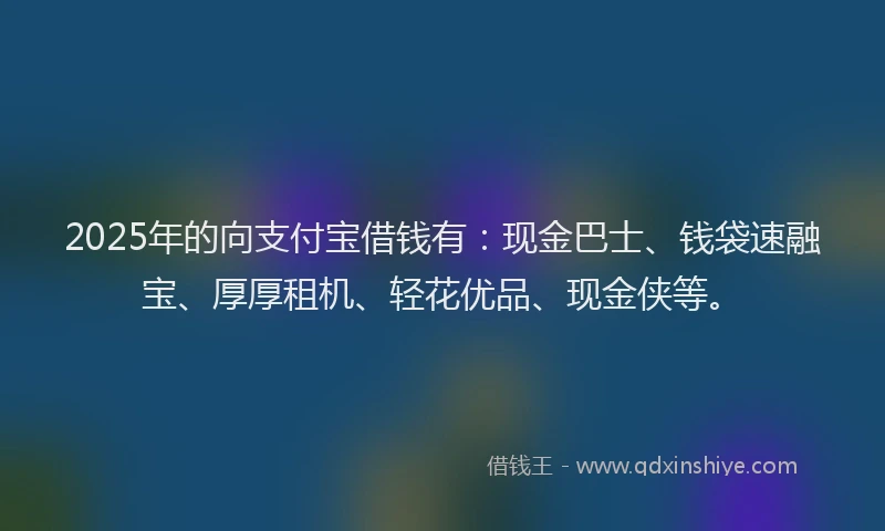2025年的向支付宝借钱有：现金巴士、钱袋速融宝、厚厚租机、轻花优品、现金侠等。