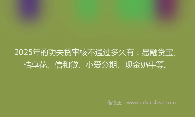 2025年的功夫贷审核不通过多久有：易融贷宝、桔享花、信和贷、小爱分期、现金奶牛等。
