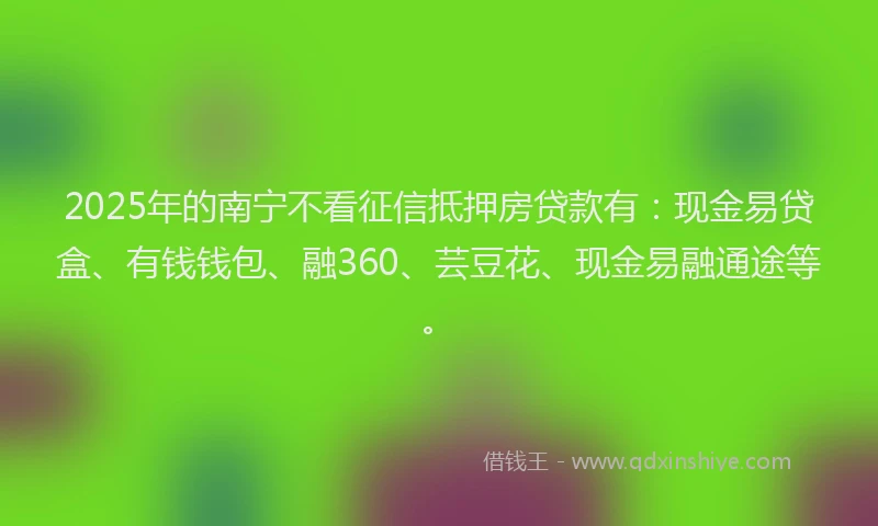 2025年的南宁不看征信抵押房贷款有：现金易贷盒、有钱钱包、融360、芸豆花、现金易融通途等。