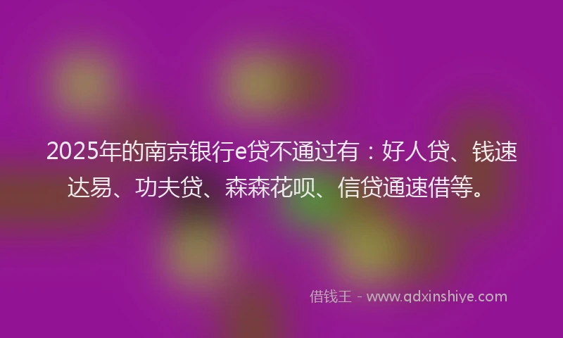 2025年的南京银行e贷不通过有：好人贷、钱速达易、功夫贷、森森花呗、信贷通速借等。