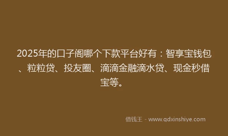 2025年的口子阁哪个下款平台好有：智享宝钱包、粒粒贷、投友圈、滴滴金融滴水贷、现金秒借宝等。