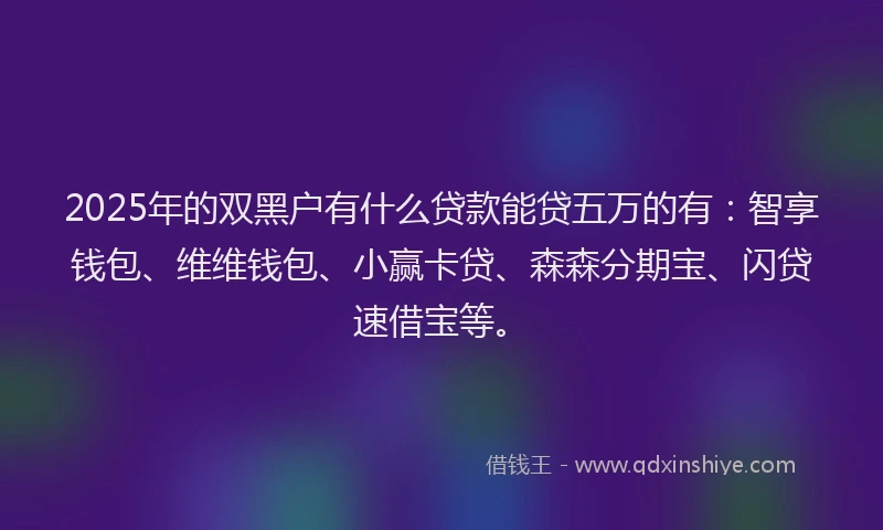 2025年的双黑户有什么贷款能贷五万的有：智享钱包、维维钱包、小赢卡贷、森森分期宝、闪贷速借宝等。