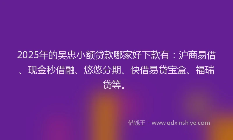 2025年的吴忠小额贷款哪家好下款有：沪商易借、现金秒借融、悠悠分期、快借易贷宝盒、福瑞贷等。