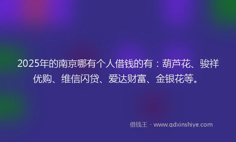2025年的南京哪有个人借钱的有：葫芦花、骏祥优购、维信闪贷、爱达财富、金银花等。