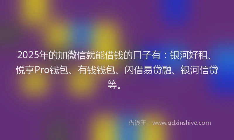 2025年的加微信就能借钱的口子有：银河好租、悦享Pro钱包、有钱钱包、闪借易贷融、银河信贷等。
