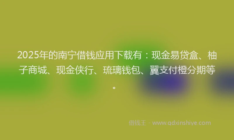 2025年的南宁借钱应用下载有：现金易贷盒、柚子商城、现金侠行、琉璃钱包、翼支付橙分期等。