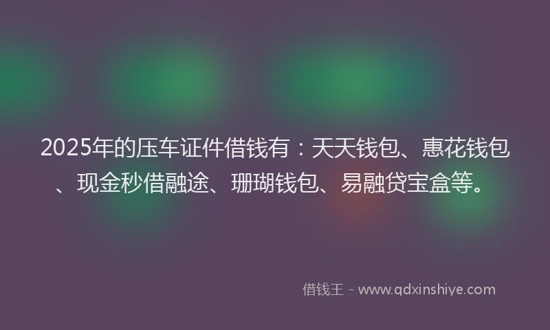 2025年的压车证件借钱有：天天钱包、惠花钱包、现金秒借融途、珊瑚钱包、易融贷宝盒等。