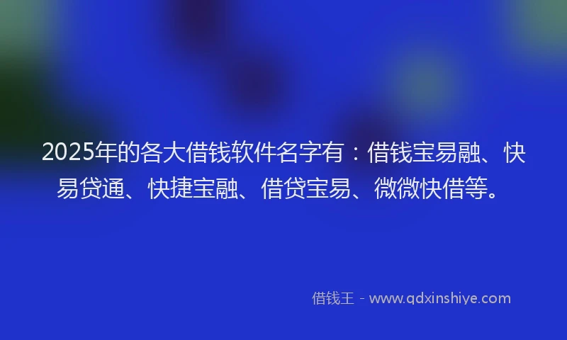 2025年的各大借钱软件名字有：借钱宝易融、快易贷通、快捷宝融、借贷宝易、微微快借等。