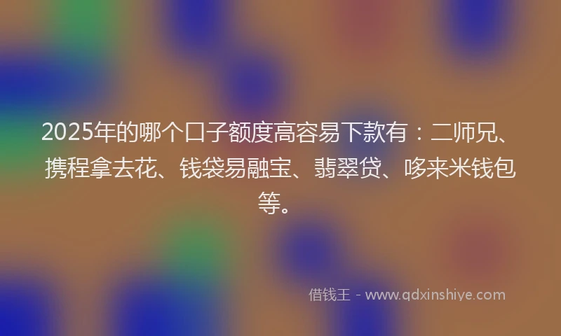 2025年的哪个口子额度高容易下款有：二师兄、携程拿去花、钱袋易融宝、翡翠贷、哆来米钱包等。