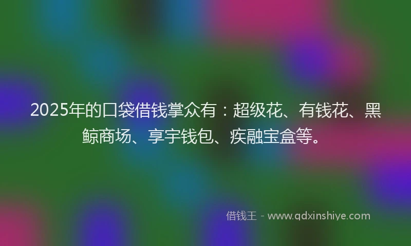 2025年的口袋借钱掌众有：超级花、有钱花、黑鲸商场、享宇钱包、疾融宝盒等。