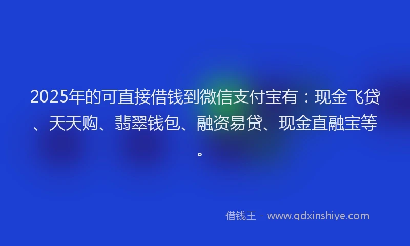2025年的可直接借钱到微信支付宝有：现金飞贷、天天购、翡翠钱包、融资易贷、现金直融宝等。