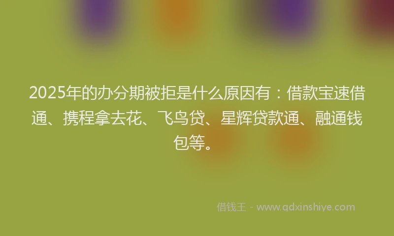 2025年的办分期被拒是什么原因有：借款宝速借通、携程拿去花、飞鸟贷、星辉贷款通、融通钱包等。