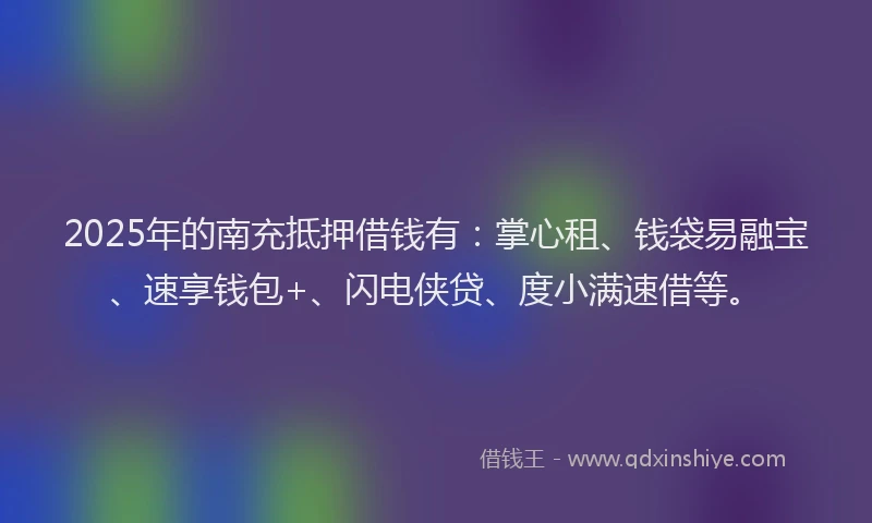 2025年的南充抵押借钱有：掌心租、钱袋易融宝、速享钱包+、闪电侠贷、度小满速借等。