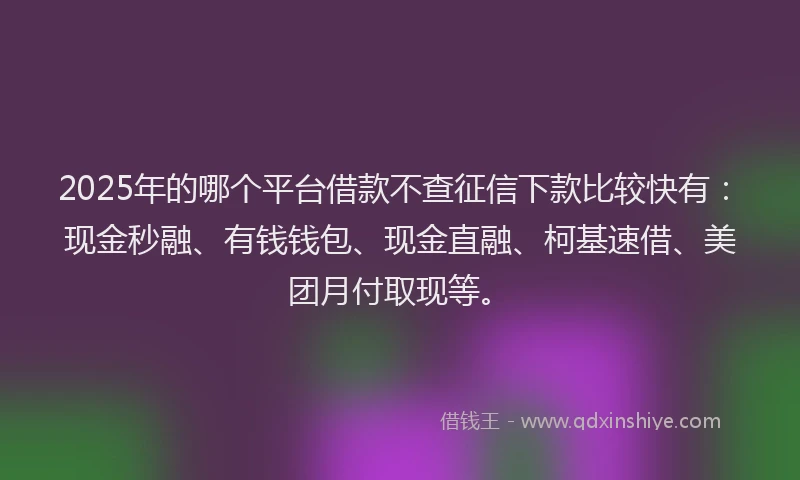 2025年的哪个平台借款不查征信下款比较快有：现金秒融、有钱钱包、现金直融、柯基速借、美团月付取现等。