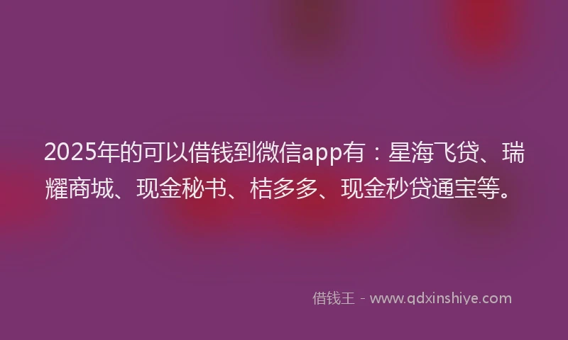 2025年的可以借钱到微信app有：星海飞贷、瑞耀商城、现金秘书、桔多多、现金秒贷通宝等。