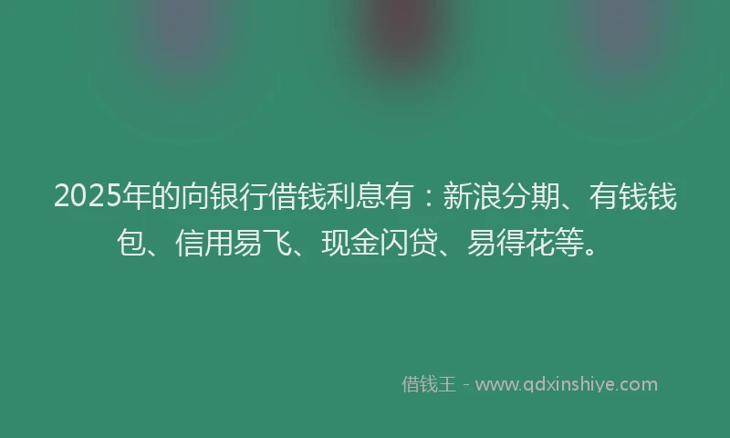 2025年的向银行借钱利息有：新浪分期、有钱钱包、信用易飞、现金闪贷、易得花等。