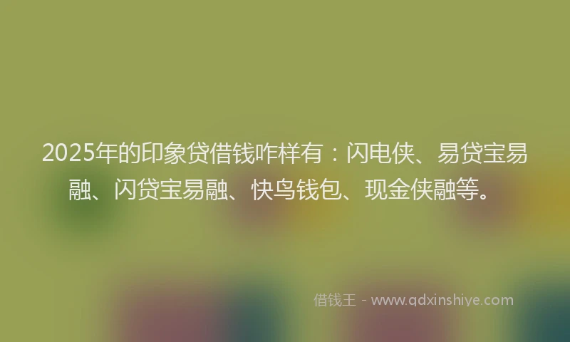 2025年的印象贷借钱咋样有：闪电侠、易贷宝易融、闪贷宝易融、快鸟钱包、现金侠融等。