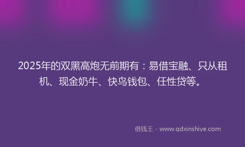 2025年的双黑高炮无前期有：易借宝融、只从租机、现金奶牛、快鸟钱包、任性贷等。