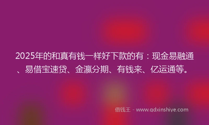 2025年的和真有钱一样好下款的有：现金易融通、易借宝速贷、金瀛分期、有钱来、亿运通等。