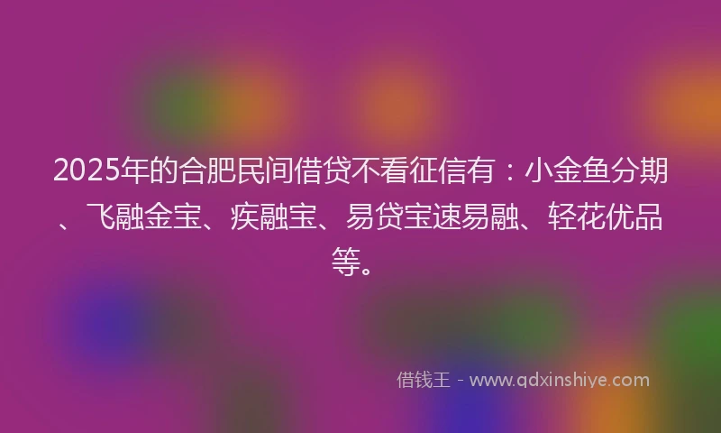 2025年的合肥民间借贷不看征信有：小金鱼分期、飞融金宝、疾融宝、易贷宝速易融、轻花优品等。