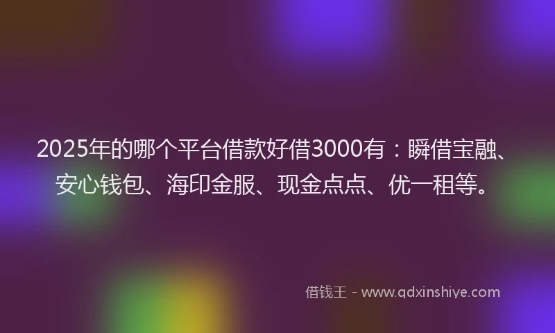 2025年的哪个平台借款好借3000有：瞬借宝融、安心钱包、海印金服、现金点点、优一租等。
