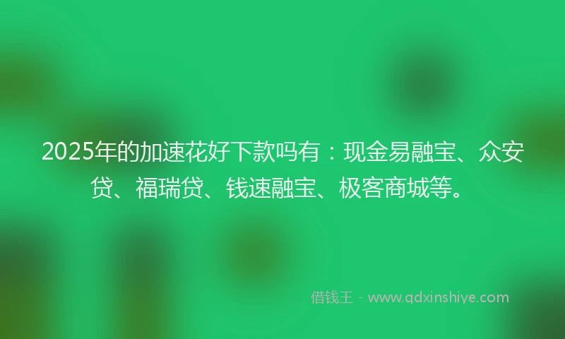 2025年的加速花好下款吗有：现金易融宝、众安贷、福瑞贷、钱速融宝、极客商城等。