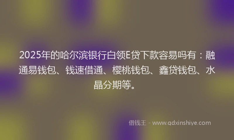 2025年的哈尔滨银行白领E贷下款容易吗有：融通易钱包、钱速借通、樱桃钱包、鑫贷钱包、水晶分期等。