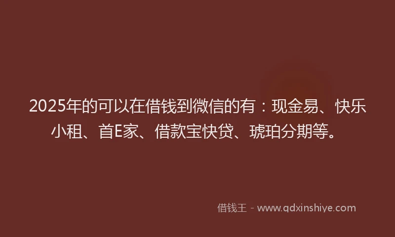 2025年的可以在借钱到微信的有：现金易、快乐小租、首E家、借款宝快贷、琥珀分期等。