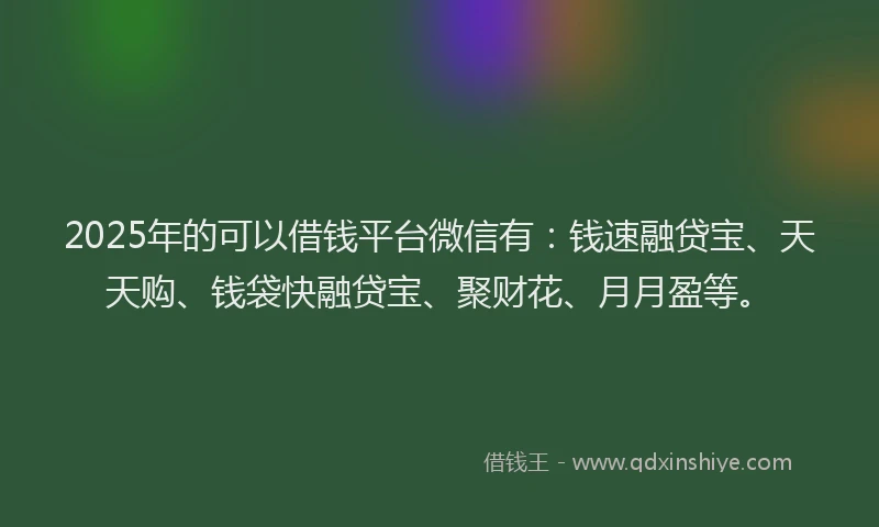 2025年的可以借钱平台微信有：钱速融贷宝、天天购、钱袋快融贷宝、聚财花、月月盈等。