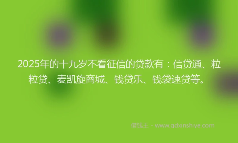 2025年的十九岁不看征信的贷款有：信贷通、粒粒贷、麦凯旋商城、钱贷乐、钱袋速贷等。