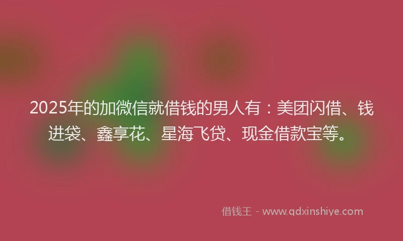 2025年的加微信就借钱的男人有：美团闪借、钱进袋、鑫享花、星海飞贷、现金借款宝等。