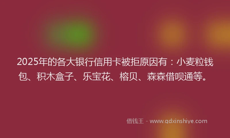 2025年的各大银行信用卡被拒原因有：小麦粒钱包、积木盒子、乐宝花、榕贝、森森借呗通等。