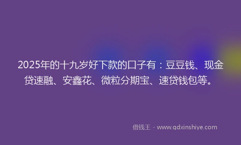 2025年的十九岁好下款的口子有：豆豆钱、现金贷速融、安鑫花、微粒分期宝、速贷钱包等。